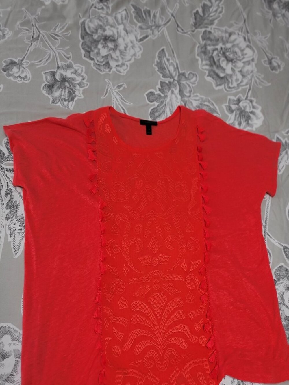 J Crew Coral Embroidered Short Sleeve Boxy Pull Over Linen Top Size Small EUC